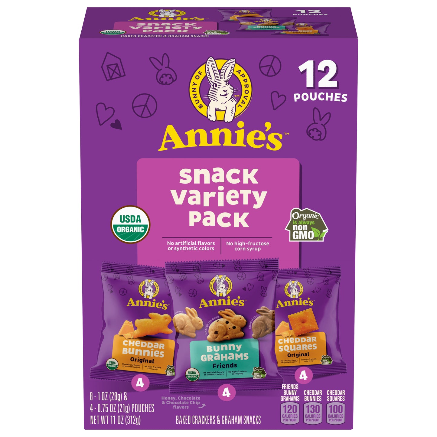 Annie's Organic Variety Pack, Cheddar Bunnies, Bunny Grahams and Cheddar Squares, 12 Pouches, 11 oz