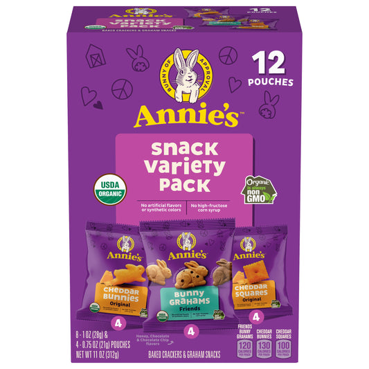 Annie's Organic Variety Pack, Cheddar Bunnies, Bunny Grahams and Cheddar Squares, 12 Pouches, 11 oz