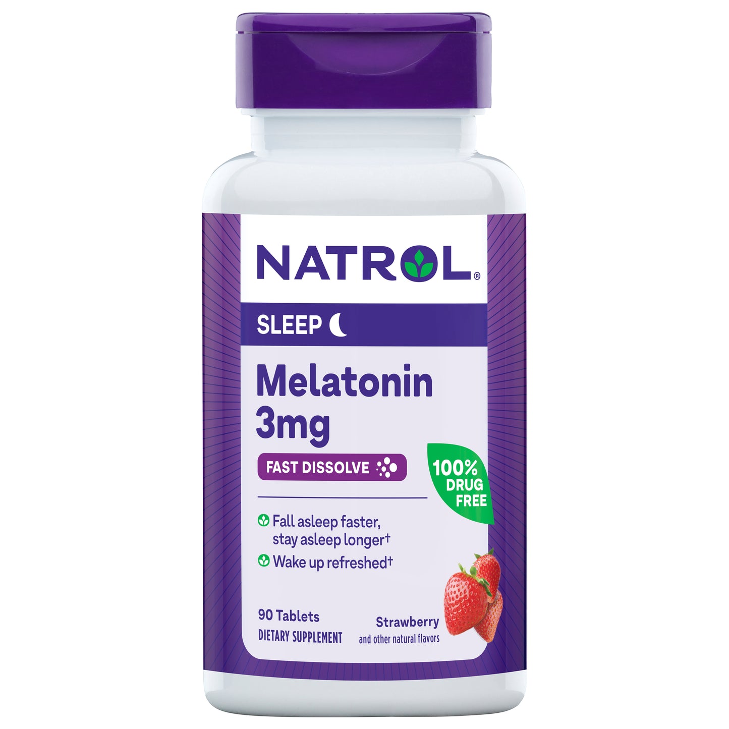 Natrol Melatonin 3mg, Strawberry-Flavored Dietary Supplement for Restful Sleep, 90 Fast-Dissolve Tablets, 90 Day Supply