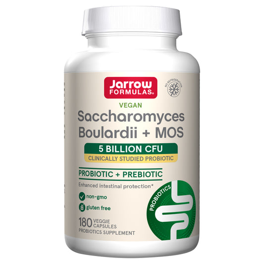 Jarrow Formulas Saccharomyces Boulardii + MOS - Clinically Studied Probiotic + Prebiotic Supplement - 5 Billion CFU - 180 Servings (Veggie Caps) - Enhanced Intestinal Tract Support & Protection