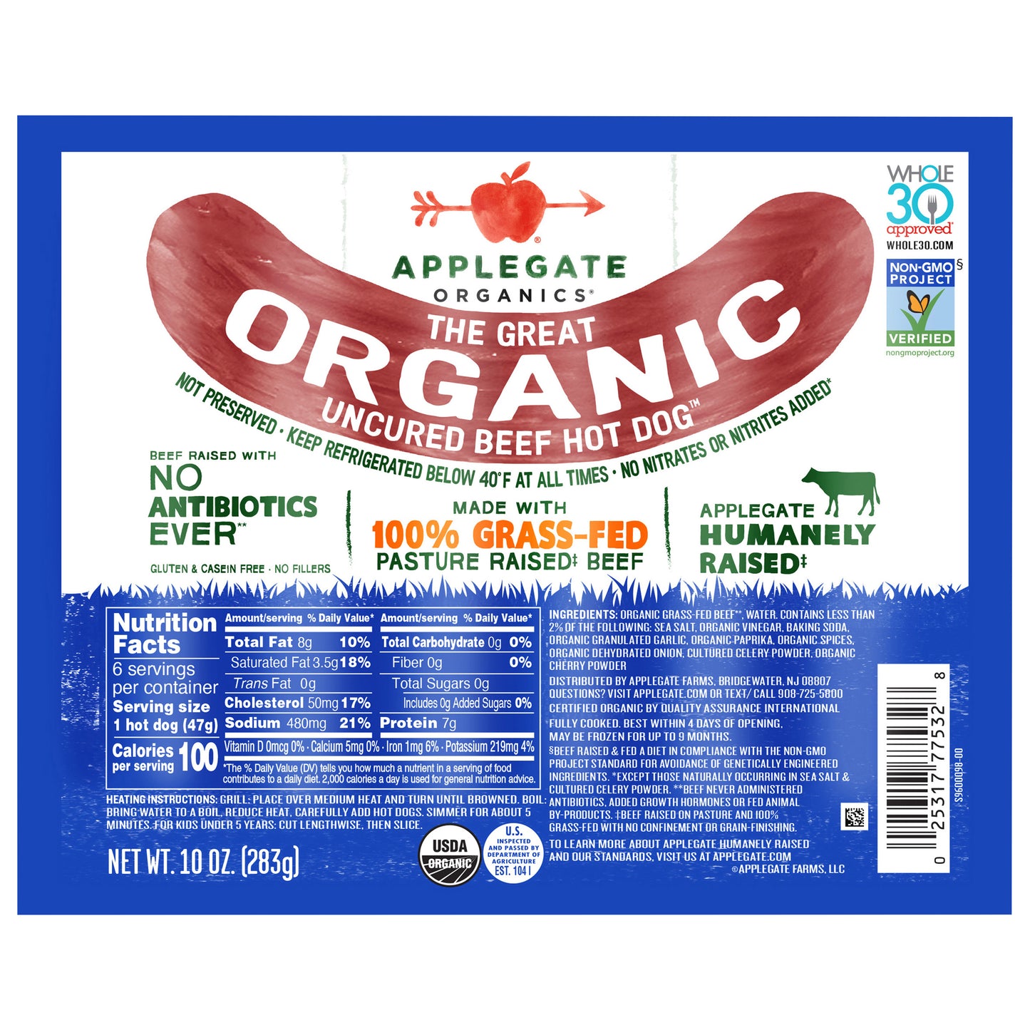 Applegate Great Organic Beef Hot Dog Uncured, 10oz
