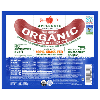 Applegate Great Organic Beef Hot Dog Uncured, 10oz